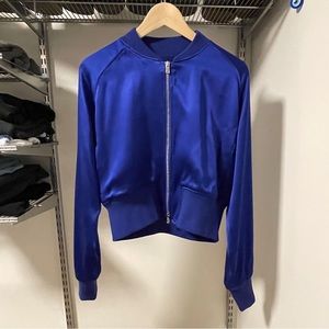 KES electric blue silk cropped bomber “Collegian” jacket with zipper